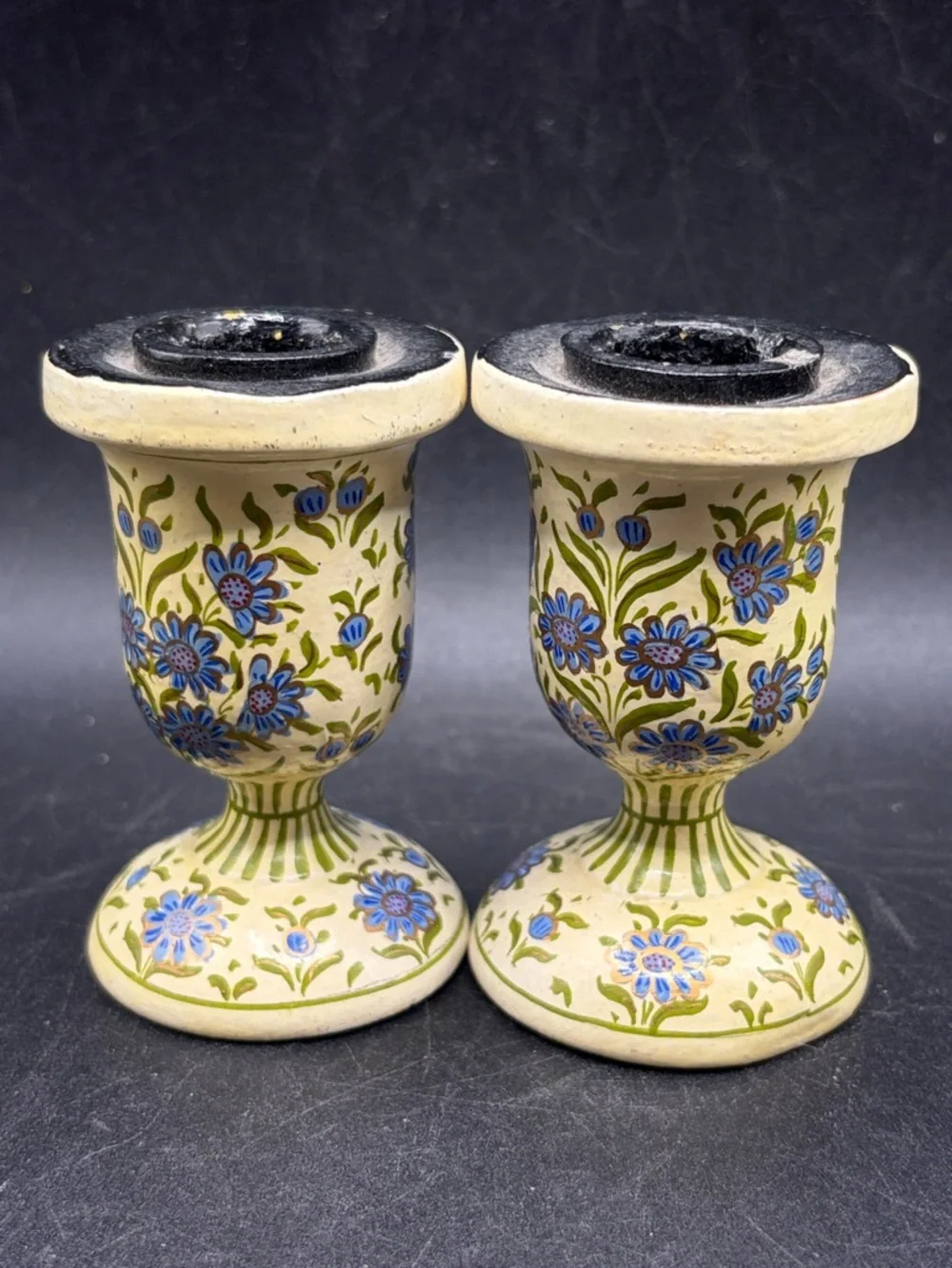 Pair Hand Painted Blue & Gold Tone Floral Flower Candlesticks Candle Holders